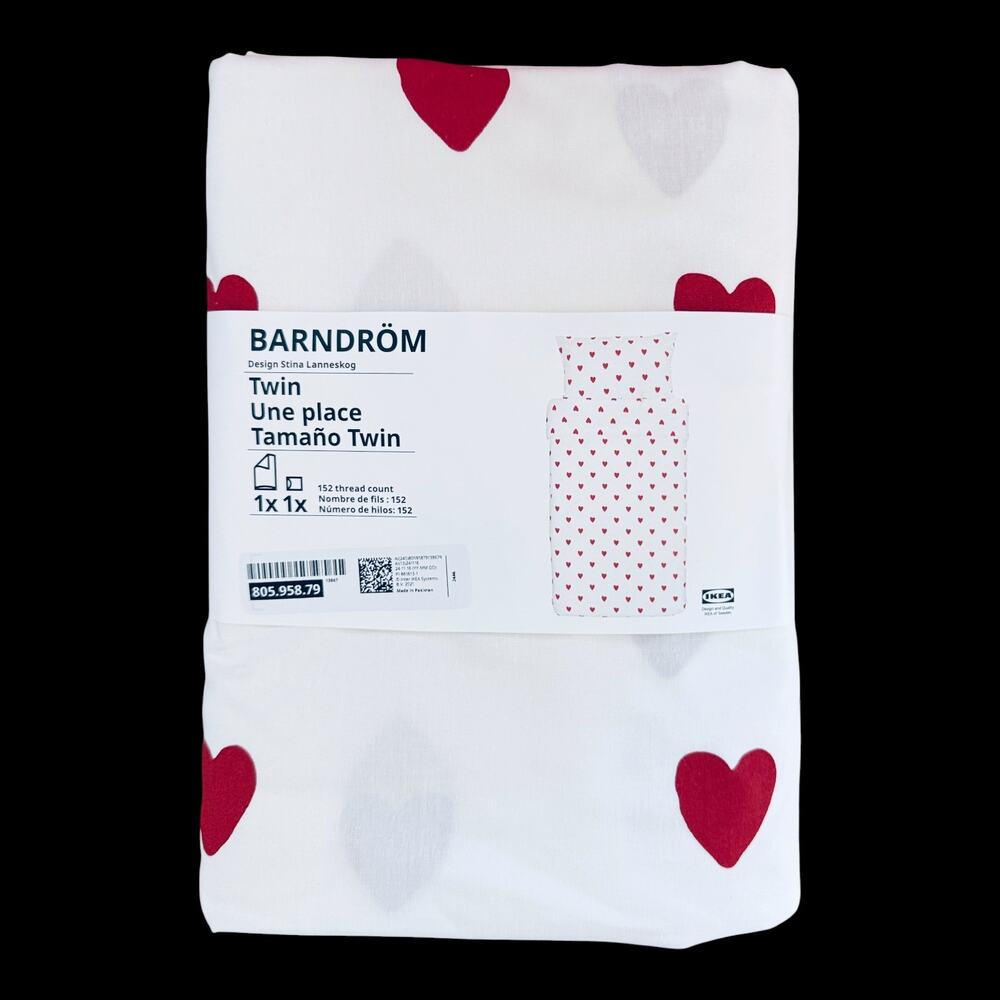 IKEA BARNDROM White with Red Heart Pattern Twin Duvet Cover & Pillow Case
